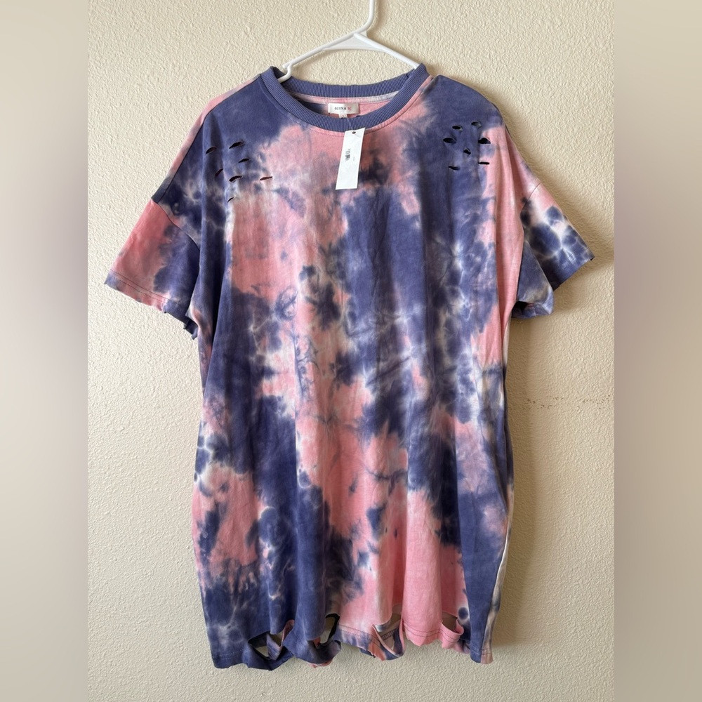 NWT BETTER BE Oversized Distressed Tie Dye Tee shirt dress with pockets